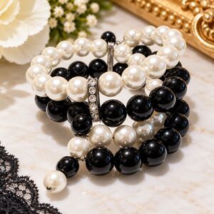 Vintage Chunky Black White Faux Pearl Rhinestone Wrap Bracelet Statement